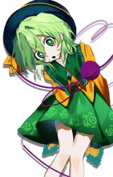  1girl amou_(pixiv_126280799) black_hat bow buttons commentary diamond_button disembodied_linked_eye eyeball floral_print frilled_shirt_collar frilled_sleeves frills green_eyes green_hair green_skirt hat hat_bow hat_ribbon heart heart_of_string highres komeiji_koishi ribbon rose_print shirt skirt sleeves_past_wrists touhou white_background wide_sleeves yellow_bow yellow_ribbon yellow_shirt 