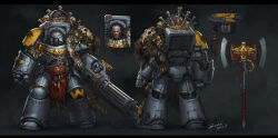  1boy absurdres adeptus_astartes armor assault_cannon axe beard blue_armor chain commentary_request dated facial_hair full_armor full_body fur_trim futhark highres male_focus multiple_views pauldrons power_armor power_axe power_fist runes severed_head shoulder_armor signature space_wolves storm_bolter terminator_armor turnaround warhammer_40k weizheng 