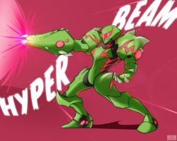  1girl arm_cannon armor claws commentary energy_beam english_commentary english_text firing green_armor green_helmet helmet highres metroid metroid_dread metroid_suit power_armor power_suit_(metroid) red_assault_visor red_background ryrycosmos samus_aran science_fiction shoulder_spikes signature solo spiked_armor spikes tumblr_username weapon weapon_name 