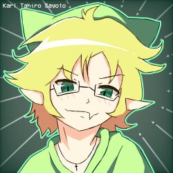  1boy beanie blonde_hair bloxmane blush faith_of_faded glasses green_eyes hat highres jewelry karl_tahiro looking_at_viewer necklace pointy_ears vampire 