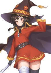  1girl absurdres asymmetrical_legwear bandaged_leg bandages belt belt_collar black_cape black_gloves black_hair cape closed_mouth collar collarbone commentary_request cowboy_shot dress eda-cchi fingerless_gloves gloves hand_on_own_hat hand_up hat highres holding holding_staff kono_subarashii_sekai_ni_shukufuku_wo! long_sleeves looking_at_viewer mage_staff medium_hair megumin mismatched_legwear red_dress red_eyes short_dress simple_background single_thighhigh solo staff thigh-highs white_background witch_hat zettai_ryouiki 