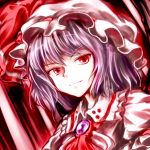  ascot bow brooch face gem hat hat_ribbon jewelry minust purple_hair red_eyes remilia_scarlet ribbon short_hair slit_pupils smile solo touhou 