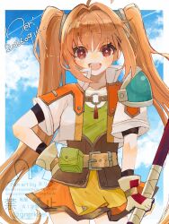  1girl :d ahoge armor artist_name belt belt_pouch blue_sky bo_staff border brown_belt brown_gloves brown_trim clouds commentary_request cropped_jacket dated eiyuu_densetsu estelle_bright fingerless_gloves floating_hair gloves hair_between_eyes hair_intakes han_(hn-khk) hand_on_own_hip high_collar highres holding holding_staff holding_weapon jacket leather_belt long_hair multicolored_gloves open_clothes open_jacket open_mouth orange_skirt outside_border pauldrons pouch red_eyes short_sleeves shoulder_armor signature single_pauldron skirt sky smile solo sora_no_kiseki staff straight-on twintails twitter_username two-tone_gloves underbust upper_body very_long_hair watermark weapon white_border 