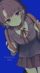  1girl absurdres artist_name asymmetrical_hair backpack bag blazer blue_background blush brown_bag brown_skirt buttons closed_mouth collared_shirt commentary_request copyright_name cowboy_shot curtained_hair from_above frown hair_ornament hands_up highres holding holding_bag iwakura_lain jacket labo_9696 lapels layered_sleeves leaning_forward long_sleeves looking_at_viewer miniskirt neck_ribbon notched_lapels pleated_skirt purple_jacket red_ribbon ribbon school_uniform serial_experiments_lain shirt short_hair simple_background skirt solo thigh_gap twitter_username violet_eyes white_shirt x_hair_ornament 