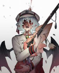  1girl absurdres alternate_costume bat_wings blood blood_on_face blue_hair collared_shirt facing_viewer flower flower_request gradient_background grey_background gun hair_between_eyes hat highres holding holding_gun holding_weapon long_sleeves military_hat military_uniform open_mouth pointy_ears red_nails remilia_scarlet shirt short_hair smile solo stopwatch touhou weapon weapon_request white_hat white_shirt wings yukine_0930 