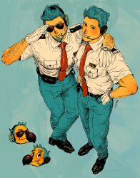  2boys absurdres animal_crossing animal_crossing:_new_horizons arm_around_shoulder arm_hair beard belt black_belt black_eyes black_shoes blue_background blue_hair blue_pants chinstrap_beard collared_shirt commentary_request crossed_legs dodo_(bird) facial_hair full_body gloves hands_on_own_hips highres humanization looking_at_viewer male_focus mature_male multiple_boys muscular muscular_male myojo_0120 necktie orville_(animal_crossing) pants pilot_uniform red_necktie salute shirt shoes short_hair short_sleeves simple_background smile standing sunglasses watch watch white_gloves white_shirt wilbur_(animal_crossing) 
