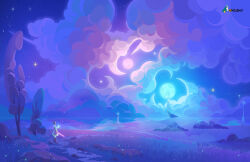  1girl artist_name black_boots black_hair boots castle cliff clouds cloudy_sky colorful_clouds commentary cool_colors dress energy_sword english_commentary from_side full_moon highres holding holding_sword holding_weapon horizon long_sleeves magic moon multiple_moons night ocean original outdoors shore short_hair sky solo standing star_(sky) starry_sky sword tektober tree weapon white_dress wide_shot 