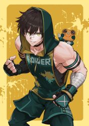  1boy aqua_pupils armband bandaged_arm bandages bandaid bandaid_on_face bandaid_on_nose bare_shoulders black_armband black_choker black_gloves black_tank_top brown_hair choker clenched_hands clothes_writing collarbone commentary commission elbow_gloves english_text eyelashes feet_out_of_frame fighting_stance frog gloves green_armband green_pants green_shirt green_shorts grin highres hood hood_up hooded_shirt indie_virtual_youtuber jun_(navigavi) kiro_(kirostyle) looking_at_viewer making-of_available male_focus muscular muscular_male nose nose_shade pants pants_under_shorts parted_lips shirt shirt_under_shirt short_hair shorts single_elbow_glove skeb_commission smile solo tank_top variant_set virtual_youtuber yellow_armband yellow_background yellow_eyes yellow_trim 