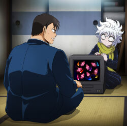  1boy 6+girls absurdres bags_under_eyes bedroom black_eyes blue_gakuran blue_serafuku commentary_request constricted_pupils fingernails from_behind highres hitodama let's_go_kaikigumi mechako_(let's_go_kaikigumi) messy_hair multiple_girls official_art on_floor photo_inset promotional_art protagonist_(let's_go_kaikigumi) real_life red_eyes red_nails sanpaku scarf school_uniform serafuku shiokawa_rise sliding_doors sweatdrop sweet_steady tatami television watching_television wide-eyed will-o'-the-wisp_(mythology) yamashita_yoshimitsu yamauchi_sakina yellow_scarf 