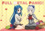  ahoge basket bow casual chidori_kaname full_metal_panic! knitting long_hair low-tied_long_hair multiple_girls pantyhose shakuya socks teletha_testarossa title_drop yarn yellow_background 