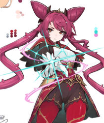  1girl breasts commentary_request dominusteer_rosepamela double_bun duel_monster gloves hair_bun hand_up large_breasts long_hair mari0ball pantyhose pantyhose_under_shorts red_eyes red_hair red_pantyhose shorts sidelocks solo thorns tiara twintails white_gloves yu-gi-oh! 