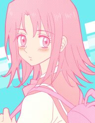  1girl abstract_background backpack bag blue_background blush closed_mouth colored_lineart commentary holding_strap looking_at_viewer looking_back medium_hair parted_bangs pink_eyes pink_hair portrait sailor_collar school_uniform serafuku solo tenkuu_no_escaflowne tomako_(pixiv24114842) uchida_yukari 