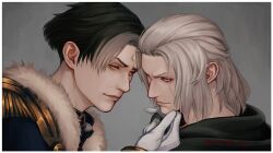  2boys black_capelet black_robe brown_hair capelet coat commentary_request dual_persona emet-selch final_fantasy final_fantasy_xiv fur-trimmed_coat fur_trim garlean gloves hand_on_another's_chin hood hooded_capelet looking_at_another male_focus multicolored_hair multiple_boys robe short_hair simple_background smile sophist's_robe_(ff14) third_eye toto_(to1010) two-tone_hair upper_body white_hair yellow_eyes 