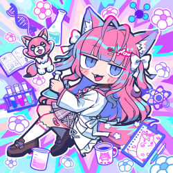  1girl :3 animal_ear_fluff animal_ears antenna_hair atom bandaid beaker blue_eyes blunt_bangs blush_stickers book bow brown_shoes chibi clipboard coffee_mug commentary_request cup dna double_helix erlenmeyer_flask fang flask flower full_body hair_bow hair_ornament hairclip hakui_koyori hakui_koyori_(school_uniform) half-closed_eyes heart heart_hair_ornament highres holding holding_flask hololive lab_coat loafers long_hair long_sleeves looking_at_viewer molecule mug open_book open_mouth pen pill pink_hair plaid_clothes plaid_skirt pleated_skirt purple_skirt shoes skirt smile smug socks solo tail terada_tera test_tube test_tube_rack thick_outlines virtual_youtuber white_bow white_flower white_socks 