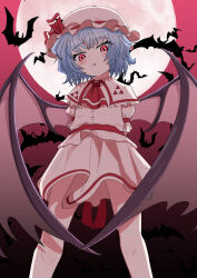  1girl absurdres arms_behind_back ascot bat_(animal) bat_wings blue_hair blush closed_mouth commentary_request fang fang_out full_moon hat hat_ribbon highres looking_at_viewer mikaramuhibiki mob_cap moon pink_hat pink_shirt pink_skirt red_ascot red_eyes red_moon red_sky remilia_scarlet ribbon shirt short_hair skirt skirt_set sky solo touhou wings 