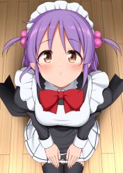  1girl apron black_dress black_thighhighs blush bow bowtie breasts brown_eyes commentary_request commission dress eyes_visible_through_hair foreshortening frilled_apron frills from_above hair_between_eyes hair_bobbles hair_ornament hayate_no_gotoku! highres hisakabe_oto indoors juliet_sleeves large_variant_set long_hair long_sleeves looking_at_viewer maid maid_apron maid_headdress medium_breasts miniskirt parted_lips pleated_skirt pov puffy_sleeves purple_hair red_bow red_bowtie segawa_izumi sidelocks sitting skeb_commission skirt solo straight-on tareme textless_version thigh-highs thighs two_side_up upturned_eyes v_arms variant_set white_apron white_skirt wooden_floor 