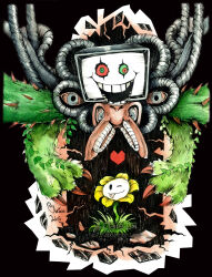  2018 2boys 2d alternate_form artist_name black_background broken_glass claire8783 claws colored_sclera dual_persona duo extra_eyes extra_mouth flower flowey_(undertale) full_body green_eyes green_sclera heart heart_print heterochromia highres male male_only mismatched_sclera monster monster_boy multiple_boys one_eye_closed photoshop_flowey plant red_claws red_eyes red_sclera red_soul_(utdr) sentient_flower signature simple_background soul_(utdr) stained_glass television_screen tongue tongue_out traditional_media undertale utdr_(toby_fox) watercolor_(medium) watermark yellow_flower 