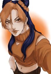  1girl braid braided_base bun_with_braided_base closed_mouth clothing_cutout cone_hair_bun crop_top double_bun hair_between_eyes hair_bun heart_cutout highres irene_(jojo) jojo_no_kimyou_na_bouken kujo_jolyne long_hair makeup midriff multicolored_hair navel orange_eyes orange_hair orange_lips orange_sweater pants simple_background solo stone_ocean sweater turtleneck turtleneck_sweater two-tone_hair umeko_(00_nro9) white_background 
