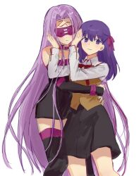  2girls absurdres bare_shoulders black_boots black_bridal_gauntlets black_dress black_skirt blush boots bow bowtie breasts bridal_gauntlets brown_vest clenched_hand closed_mouth collar collarbone collared_shirt commentary_request covered_eyes cowboy_shot dress eye_mask facial_mark fate/stay_night fate_(series) forehead_mark hair_between_eyes hair_bow hands_on_another's_face hands_up highres homurabara_academy_school_uniform hug korean_commentary long_hair long_sleeves looking_at_viewer mask matou_sakura medium_breasts medium_skirt medusa_(fate) medusa_(fate/stay_night) medusa_(rider)_(fate) multiple_girls nekwnek pink_bow pink_collar pink_mask puffy_long_sleeves puffy_sleeves purple_hair red_bow red_bowtie school_uniform shirt short_dress sidelocks simple_background skirt smile standing strapless strapless_dress thigh_boots very_long_hair vest violet_eyes white_background white_shirt yuri zettai_ryouiki 