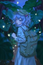  1girl 24-hour_relay absurdres backpack bag blue_hair blue_shirt blue_skirt bug butterfly chinese_commentary commentary_request glowing_butterfly green_bag green_hat hair_bobbles hair_ornament hat highres holding_strap kawashiro_nitori looking_back lotus_leaf medium_hair night pocket shirt skirt touhou zhu_ting_zi 