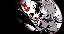  1boy akechi_goro bishounen commentary crow_(persona_5) doran_(doran7280) epaulettes finger_to_mouth highres looking_at_viewer mask medium_hair official_alternate_costume persona persona_5 red_eyes red_mask simple_background solo spot_color spotlight unworn_mask white_background 