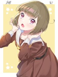  1girl bob_cut border brown_dress brown_hair commentary dress gonzales_(love_live!) hasu_no_sora_school_uniform highres inverted_bob kachimachi_kosuzu koala_maneo long_sleeves looking_at_viewer love_live! love_live!_hasu_no_sora_jogakuin_school_idol_club neckerchief outside_border pink_eyes pleated_dress sailor_collar sailor_dress sakari_(pear_8_ll) school_uniform scorecard short_hair side_ahoge solo star_(symbol) star_in_eye symbol_in_eye virtual_youtuber white_border white_sailor_collar winter_uniform yellow_background yellow_neckerchief 