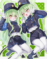  2girls :d absurdres armband belt black_belt black_boots black_hat black_jacket black_shorts black_skirt blue_archive blue_armband blush boots border chestnut_mouth commentary_request demon_girl demon_tail double_bun dutch_angle fang foot_out_of_frame gloves green_background green_hair green_halo hair_between_eyes hair_bun halo hands_up hat highres hikari_(blue_archive) holding_hands interlocked_fingers jacket knees_together_feet_apart long_hair long_sleeves looking_at_viewer miniskirt multiple_girls nozomi_(blue_archive) open_mouth outline outside_border outstretched_hand pantyhose peaked_cap pleated_skirt pointy_ears shirt shorts siblings sidelocks simple_background sisters skin_fang skirt smile tail thick_eyebrows thighs twins twintails v-shaped_eyebrows very_long_hair waving wavy_ends white_border white_gloves white_outline white_pantyhose white_shirt yellow_eyes yoshino_sakura_(0db5t510388113n) 