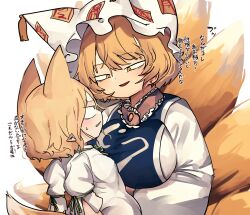  2girls absurdres animal_ears animal_hat blue_tabard breasts clenched_teeth commentary_request dress eye_contact fox_ears fox_girl fox_tail green_ribbon hat highres intimidating kudamaki_tsukasa large_breasts long_sleeves looking_at_another mob_cap multiple_girls neck_ribbon parted_lips piaki pom_pom_(clothes) ribbon romper short_hair short_sleeves simple_background sleeve_ribbon small_breasts smile sweatdrop tabard tail teeth touhou translation_request upper_body white_background white_dress white_hat white_romper white_trim wide-eyed yakumo_ran 