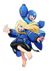  1boy 1girl android barefoot blonde_hair blue_coat blue_helmet capcom coat commentary_request company_connection crossover diana_(pragmata) helmet highres jumping long_hair mega_man_(character) mega_man_(classic) mega_man_(series) official_art outstretched_arms padded_coat pragmata puffy_coat simple_background smile 