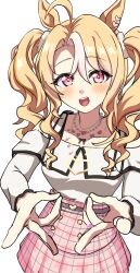  absurdres ahoge animal_ears blonde_hair blush breasts buckle casual commentary_request double_v fusaichi_pandora_(casual)_(umamusume) fusaichi_pandora_(umamusume) hair_between_eyes hair_ornament heart heart-shaped_buckle highres horse_ears horse_girl jewelry long_hair long_sleeves looking_at_viewer medium_breasts miboshi_moroboshi multicolored_hair necklace pink_skirt red_eyes shirt skirt smile streaked_hair teeth twintails umamusume upper_teeth_only v white_shirt white_streaks 