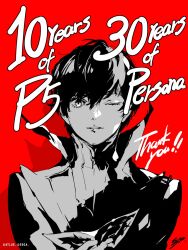  1boy amamiya_ren anniversary artist_name atlus commentary_request company_name copyright_name english_text greyscale highres holding holding_mask joker_(persona_5) light_smile mask milestone_celebration monochrome official_art one_eye_closed parted_lips persona persona_5 phantom_thief red_background sega signature simple_background soejima_shigenori solo 