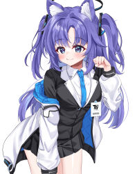  1girl absurdres animal_ear_fluff animal_ears black_halo black_skirt black_suit blue_archive blue_eyes blue_necktie blush breasts cat_ears cat_girl closed_mouth collared_shirt commentary_request cowboy_shot dress_shirt eyelashes fan_request hair_between_eyes hair_ornament halo hand_up highres id_card jacket jacket_partially_removed kemonomimi_mode large_breasts long_hair long_sleeves looking_at_viewer mechanical_halo millennium_science_school_logo miniskirt necktie open_clothes open_jacket paw_pose pleated_skirt purple_hair red_pupils school_uniform shiny_skin shirt sidelocks simple_background skirt smile solo suit tassel tassel_hair_ornament two_side_up very_long_hair whiskers white_background white_jacket white_shirt yoshino_sakura_(0db5t510388113n) yuuka_(blue_archive) 