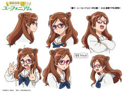  ahoge brown_hair commentary_request from_side hair_ornament hibike!_euphonium ikeda_kazumi ikeda_shouko kamaya_suzume kitauji_high_school_uniform official_art pink-framed_eyewear reference_sheet school_uniform simple_background smile white_background 