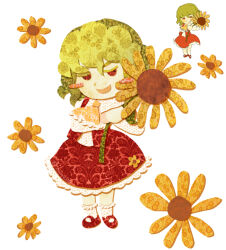  1girl ascot blush_stickers commentary english_commentary floral_print flower frilled_ascot frilled_skirt frilled_socks frills hands_up holding holding_flower kazami_yuuka long_sleeves looking_at_viewer mary_janes medium_hair nixelia no_pupils open_clothes open_mouth open_vest papercraft_(medium) red_eyes red_shoes red_skirt red_vest shirt shoes simple_background skirt skirt_set smile smug socks solo standing sunflower touhou unconventional_media vest white_background white_shirt white_socks yellow_ascot 