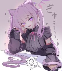  !? 1boy 1girl absurdres black_shirt black_sleeves blue_archive blush bow-shaped_hair breasts center_frills clenched_hand commentary_request cone_hair_bun dark detached_sleeves doodle_sensei_(blue_archive) double_bun elbow_on_table empty_eyes eyelashes eyes_visible_through_hair fang flirting frilled_shirt frills furrowed_brow grey_background hair_between_eyes hair_bun hair_ornament hair_over_shoulder hair_spread_out hairclip halo hand_up head_on_hand heart heart_ornament hetero highres holding_hands jirai_kei karen_(blue_archive) light_blush long_hair long_sleeves looking_at_viewer loving_aura medium_breasts neck_ribbon open_mouth parallel_hairclips pink_ribbon pointy_ears pov pov_hands purple_hair purple_halo ribbon sensei_(blue_archive) shirt simple_background skin_fang sleeveless sleeveless_shirt sleeves_past_fingers sleeves_past_wrists smile solo_focus speech_bubble spoken_character suspenders table tsurime twintails unikkusu upper_body very_long_hair violet_eyes 