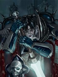  1girl adepta_sororitas armor black_eyes black_hair blue_armor cloak commentary emirh92 english_commentary eyepatch gauntlets highres holding holding_sword holding_weapon leaning_forward looking_at_viewer parted_hair power_armor power_sword skull sword warhammer_40k weapon 