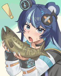  ! 1girl absurdres animal animal_ears aqua_background arms_up bear_ears black_choker black_jacket blue_eyes blue_hair blue_nails choker colored_inner_hair commentary drooling english_commentary fang feral_instincts fish fish_(food) fujikura_uruka fujikura_uruka_(1st_costume) gerumani555 hair_ornament hairclip highres holding holding_animal holding_fish hood hooded_jacket jacket long_hair long_sleeves looking_at_viewer mouth_drool multicolored_hair multicolored_jacket musical_note musical_note_hair_ornament nail_polish open_mouth parallel_hairclips phase_connect simple_background solo streaked_hair sweatdrop thick_eyebrows two-tone_background two-tone_hair upper_body v-shaped_eyebrows virtual_youtuber white_background x_x 