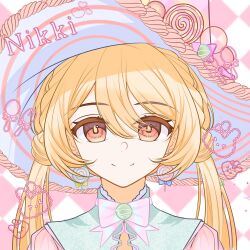  1girl anime_coloring argyle_background blonde_hair bow bowtie braid brooch brown_eyes candy candy_hat_ornament chinese_commentary closed_mouth collar commentary_request copyright_name crown_braid detached_collar dot_nose double_bun earrings eyelashes food food-themed_earrings food-themed_hat_ornament fork frilled_collar frills green_collar hair_between_eyes hair_bun happy hat hat_ornament highres jewelry leah_the_candy_witch_(shining_nikki) lollipop long_hair looking_at_viewer low_twintails mismatched_earrings nikki_(series) pink_background pink_bow pink_bowtie pink_shirt puffy_short_sleeves puffy_sleeves purple_hat qi05194738 rabbit shining_nikki shirt short_sleeves smile solo spoon straight-on swirl_lollipop tareme twintails two-tone_background upper_body vertical-striped_bowtie white_background witch_hat yellow_pupils 