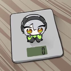 1girl anby_demara blush_stickers bro_doesn't_even_exist_(meme) chibi coat dollarwang green_coat green_sleeves grey_hair headphones highres indoors meme mini_person minigirl no_mouth orange_eyes photo-referenced short_hair sleeves_past_fingers sleeves_past_wrists solo weighing_scale zenless_zone_zero 