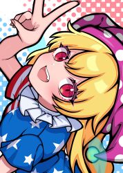  1girl absurdres american_flag american_flag_dress american_flag_print blonde_hair clownpiece commentary_request dress fairy fairy_wings flag_print hat highres jester_cap kukurukurukuru long_hair looking_at_viewer neck_ruff open_mouth polka_dot_headwear purple_hat red_eyes short_sleeves smile solo star_(symbol) star_print striped_clothes striped_dress touhou v very_long_hair wings 