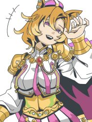  1girl animal_ears armor breasts cape commentary_request crown gold_corset hair_between_eyes horse_ears horse_girl jewelry long_sleeves looking_at_viewer medium_breasts mini_crown multiple_rings nikakukei0 open_mouth orange_hair pink_cape pink_crown ring shirt short_hair shoulder_armor skirt smile t.m._opera_o_(o_sole_suo!)_(umamusume) t.m._opera_o_(umamusume) teeth two-tone_skirt umamusume upper_teeth_only violet_eyes white_shirt 