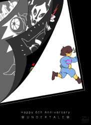  1other 2021 2d alternate_form ambiguous_gender android anniversary arm_cannon armor artist_name asgore_dreemurr black_border blue_shirt blue_shorts bone boots border breastplate brown_boots brown_hair child commentary copyright_name digital_media double_horizontal_stripe english_commentary english_text flowey_(undertale) frisk_(undertale) from_side gasterblaster gauntlets genocide_route_(undertale) gloves happy_anniversary heart high_heel_boots holding holding_stick horizontal-striped_clothes human humanoid humanoid_robot mettaton mettaton_neo monster monster_boy other_focus pink_stripes polearm red_soul_(utdr) robot robot_boy running sans_(undertale) short_hair shorts simple_background skeleton skull soul_(utdr) spear star_(symbol) stick striped_shirt teeth text two-tone_shirt undead undertale undyne undyne_the_undying utdr_(toby_fox) weapon white_background white_gloves wings zu-is-here 