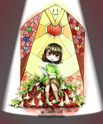  1other 2018 2d ambiguous_gender artist_name blue_soul_(utdr) boots broken_heart brown_background brown_boots brown_hair brown_shorts chara_(undertale) child claire8783 cyan_soul_(utdr) flower full_body green_soul_(utdr) green_sweater head_tilt heart heart_necklace heart_print highres holding holding_knife holding_weapon horizontal-striped_clothes human jewelry knife long_sleeves looking_at_viewer necklace orange_soul_(utdr) other_focus purple_soul_(utdr) red_eyes red_soul_(utdr) short_hair shorts signature simple_background single_horizontal_stripe sitting solo soul_(utdr) spotlight stained_glass striped_clothes striped_sweater sweater traditional_media tsurime two-tone_sweater undertale utdr_(toby_fox) watercolor_(medium) watermark weapon white_background white_flower yellow_soul_(utdr) yellow_stripes 