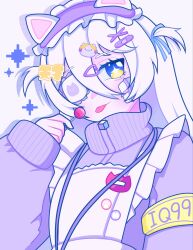  1girl animal_ear_hairband animal_ears blue_eyes candy cat_ear_hairband cat_ears eyepatch fake_animal_ears food hair_between_eyes hairband henya_the_genius henya_the_genius_(jersey_maid) highres holding holding_candy holding_food holding_lollipop indie_virtual_youtuber jacket jersey_maid lollipop long_bangs long_hair looking_at_viewer maid purple_jacket solo soviviii sparkling_eyes tongue tongue_out unconventional_maid virtual_youtuber white_hair yellow_eyes 