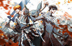  2boys absurdres aizen_sousuke armor back-to-back black_bodysuit black_hakama black_kimono bleach bleach:_sennen_kessen-hen blurry blurry_background bodysuit brown_hair closed_mouth commentary cowboy_shot english_commentary eyepatch fighting_stance from_side glint hakama highres holding holding_sword holding_weapon japanese_clothes katana kimono kurosaki_ichigo kyouka_suigetsu_(shikai) long_sleeves looking_ahead male_focus mediekg motion_blur multiple_boys nose one_eye_covered open_hand open_mouth orange_hair outstretched_arm profile short_hair shoulder_armor smile spiky_hair sword teeth true_zangetsu_(shikai) weapon wide_sleeves 