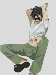  1boy black_eyes black_hair blood blood_on_face bruise bruise_on_arm bruise_on_stomach chinese_commentary commentary_request covered_mouth false_memory gag green_pants grey_background guan_chao_(false_memory) handprint highres improvised_gag injury male_focus midriff navel pants sandals shirt short_sleeves simple_background sitting slides sweatdrop tape tape_gag tear_troughs tuifeiing white_shirt 