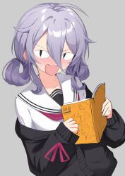  <|>_<|> 1girl absurdres avil black_cardigan blush book cardigan cardigan_partially_removed commentary grey_background hair_between_eyes hair_rings highres holding holding_book hololive hololive_english koseki_bijou koseki_bijou_(serafuku) long_hair_between_eyes looking_at_viewer neckerchief nose_blush official_alternate_costume official_alternate_hairstyle open_mouth purple_hair red_neckerchief red_ribbon ribbon sailor_collar school_uniform serafuku shirt simple_background skirt sleeve_ribbon slit_pupils solo untranslatable_commentary upper_body v-shaped_eyebrows virtual_youtuber white_sailor_collar white_serafuku white_shirt white_skirt 