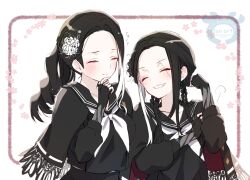  2girls ^_^ artist_name assault_lily black_capelet black_gloves black_hair black_sailor_collar black_serafuku black_shirt blush bo_no_hana border braid bras_d'honneur capelet closed_eyes closed_mouth commentary fingerless_gloves flower flower_symbol gloves grey_gloves grin hair_flower hair_ornament hand_on_own_arm hotaru_(ultraroly_poly) inset_border long_hair long_sleeves multicolored_gloves multicolored_hair multiple_braids multiple_girls neckerchief outside_border parted_bangs parted_lips pink_border puff_of_air quad_braids red_capelet sailor_collar scar scar_across_eye scar_on_face school_uniform serafuku shirt side-by-side side_ponytail sidelocks single_sidelock smile streaked_hair tei_no_hana translated twitter_username two-sided_capelet two-sided_fabric two-tone_gloves upper_body watermark white_background white_flower white_neckerchief white_streaks 