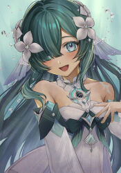  1girl absurdres aqua_eyes aqua_hair commentary_request detached_collar dress flower genshin_impact hair_flower hair_ornament hair_over_one_eye highres ichigo_(iyotaro_15) long_hair twitter_username vodyanitsa_(genshin_impact) water_drop white_dress 