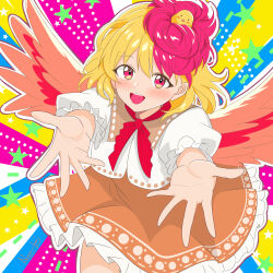  1girl :d absurdres animal_on_head baby_animal bird bird_on_head bird_wings blonde_hair blush chick colorful_background commentary_request cowboy_shot dot_nose dress feathered_wings highres looking_at_viewer medium_hair multicolored_hair naomi-chan neck_ribbon niwatari_kutaka on_head open_hands open_mouth orange_dress outline outstretched_arms puffy_short_sleeves puffy_sleeves red_eyes red_hair red_ribbon ribbon short_sleeves smile solo standing star_(symbol) teeth touhou two-tone_hair upper_teeth_only white_outline wings 